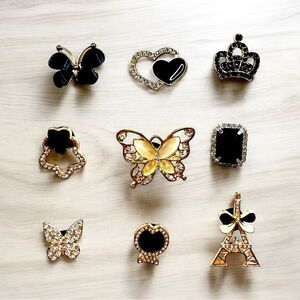 Socks, Crocs & Other Shoe Charms Set of 9 ~ Bling Rhinestones Black & Gold